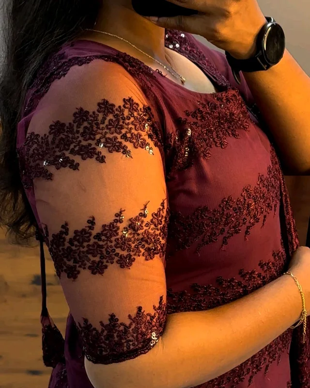 Trendy Net Embroidered kurti + dupata - Wine, S