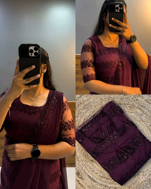 Trendy Net Embroidered kurti + dupata - Wine, M