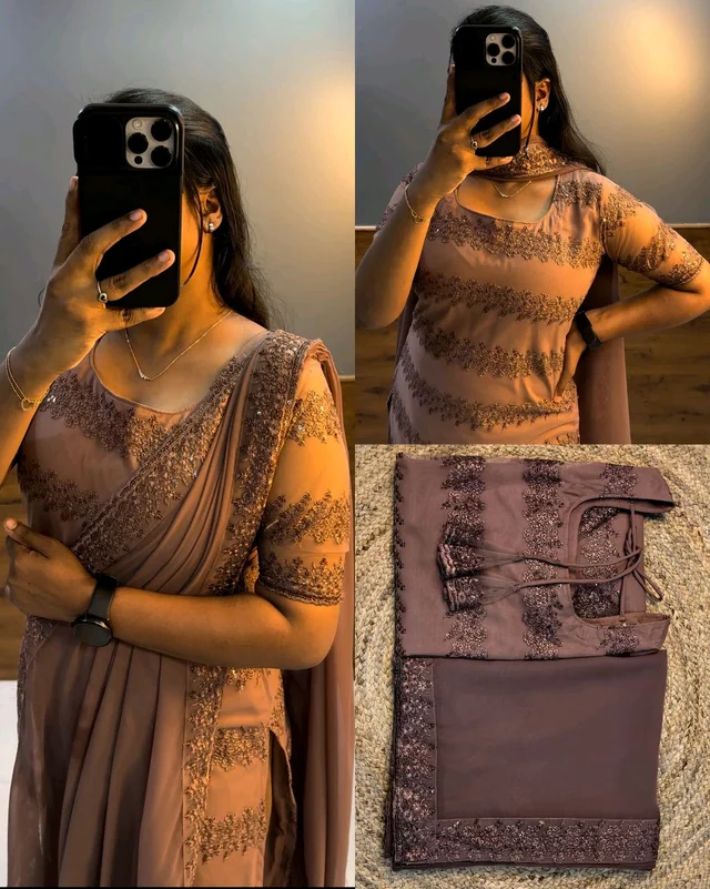 Trendy Net Embroidered kurti + dupata - choco, 3XL