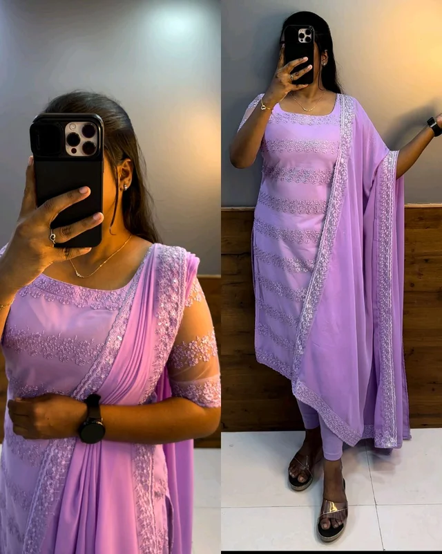 Trendy Net Embroidered kurti + dupata - Mauve, M