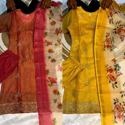 Premium quality Banarasi tissue crush silk kurta set - Teal, S
