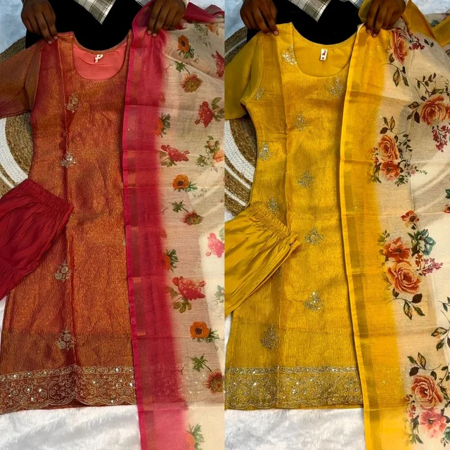 Premium quality Banarasi tissue crush silk kurta set - Teal, S