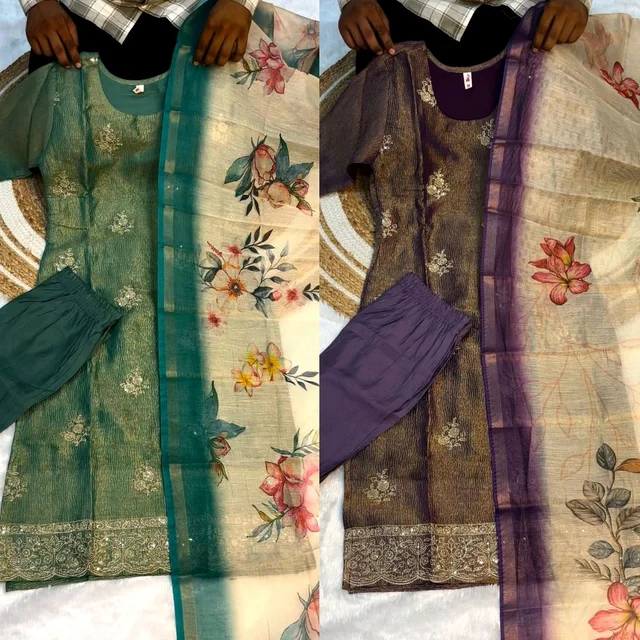 Premium quality Banarasi tissue crush silk kurta set - Teal, L