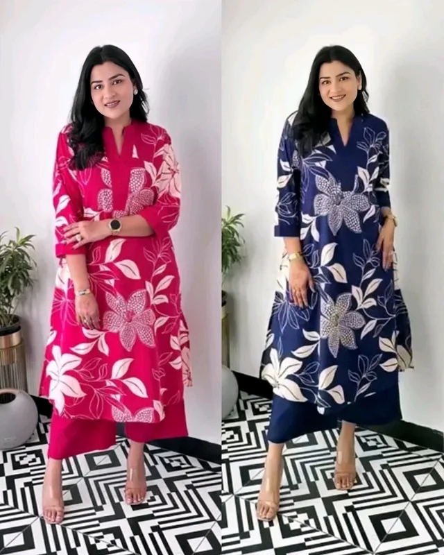 Launching Designer Co-Ords set in Cotton Floral Kurta with Palazzos - Purple, M