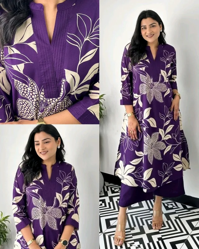 Launching Designer Co-Ords set in Cotton Floral Kurta with Palazzos - Purple, L
