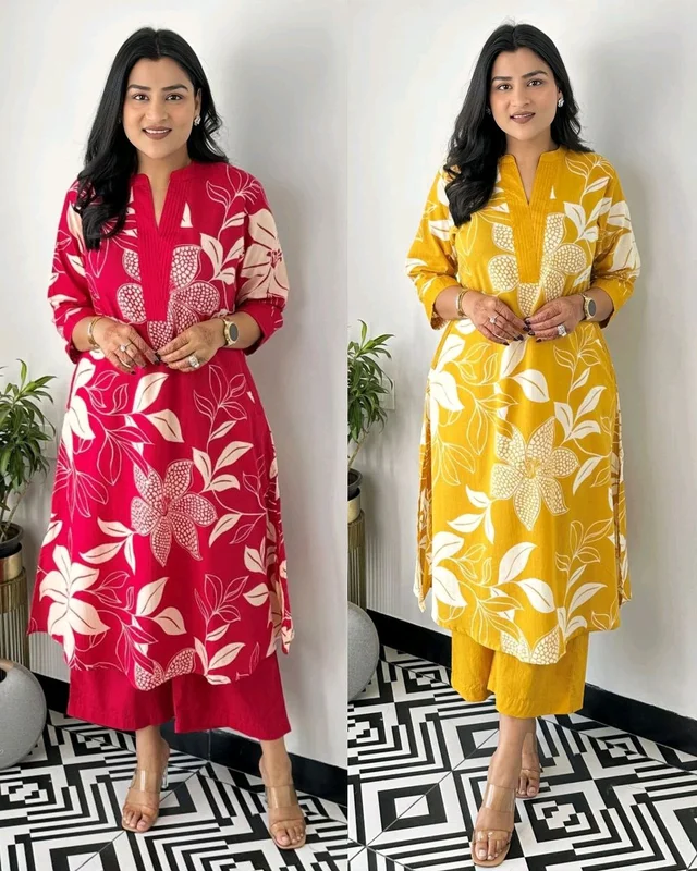 Launching Designer Co-Ords set in Cotton Floral Kurta with Palazzos - Red, M