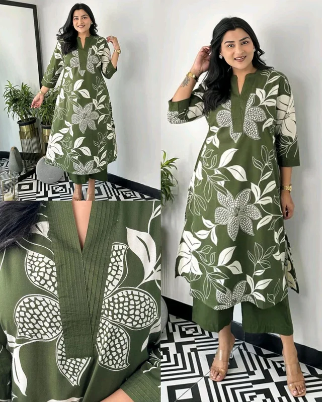 Launching Designer Co-Ords set in Cotton Floral Kurta with Palazzos - Green, 2XL