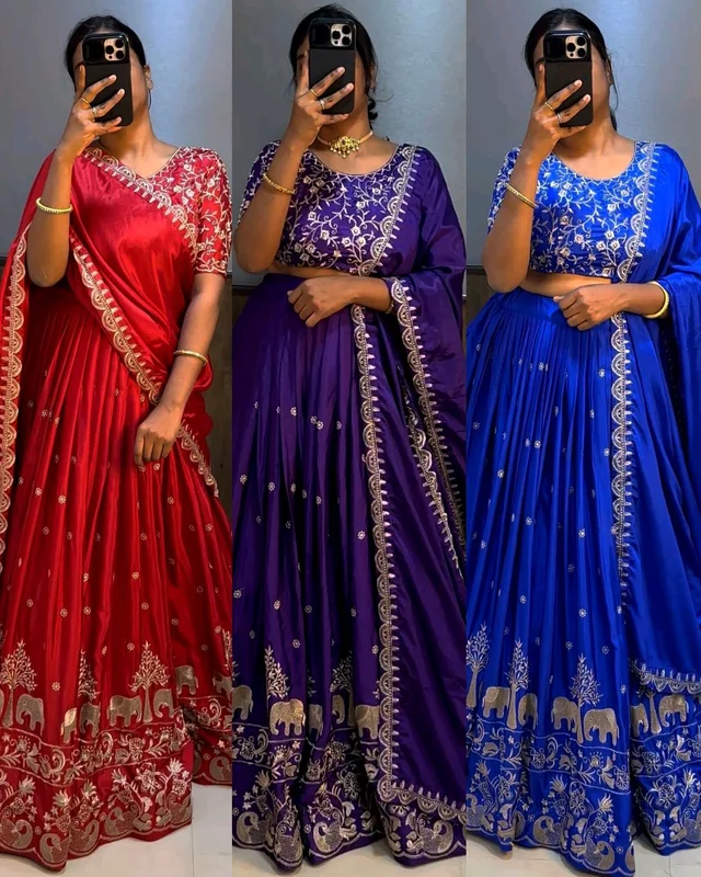 Beautiful Designer Traditional Chinon Silk Heavy Embroidery Work Lehenga - Pigment Indigo, Semi Stitched