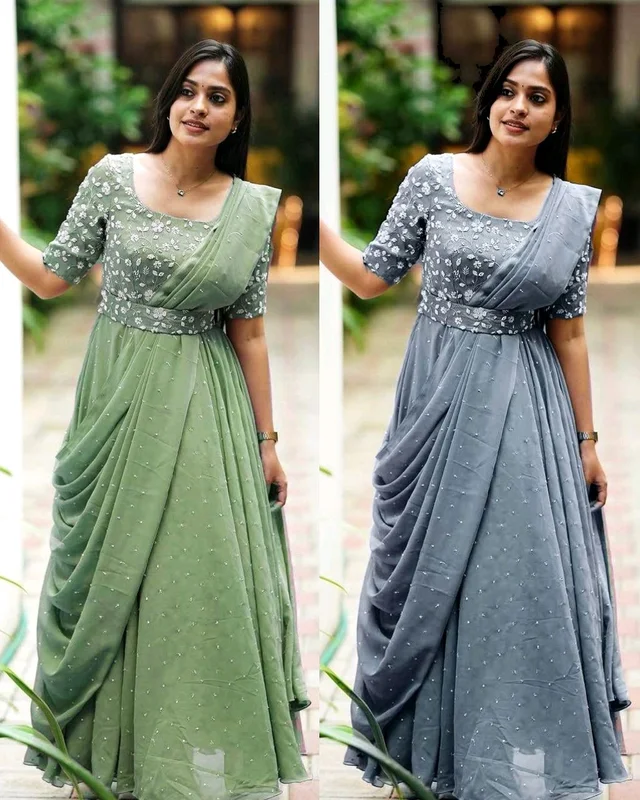 The Beautiful Partywear Gown With Attached Dupatta & Belt ❤️ - Gray, 2XL