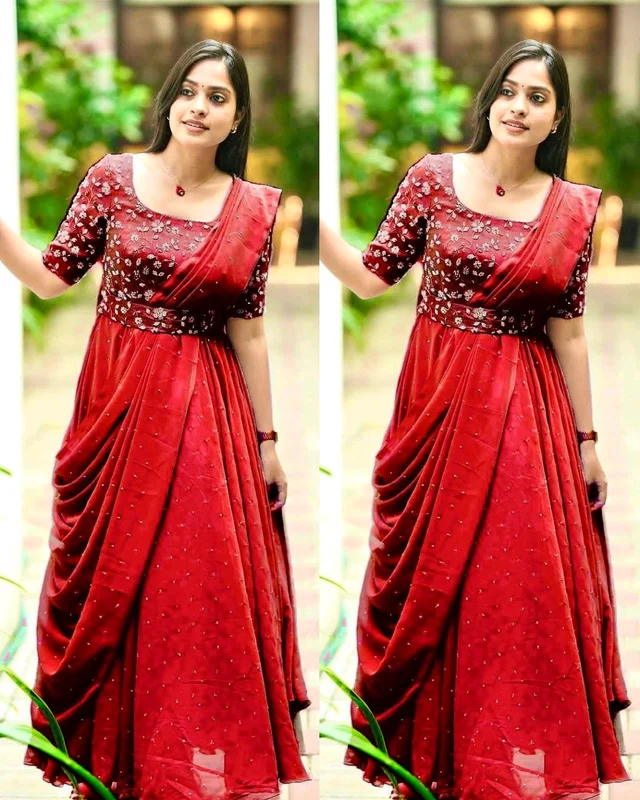 The Beautiful Partywear Gown With Attached Dupatta & Belt ❤️ - Red, L