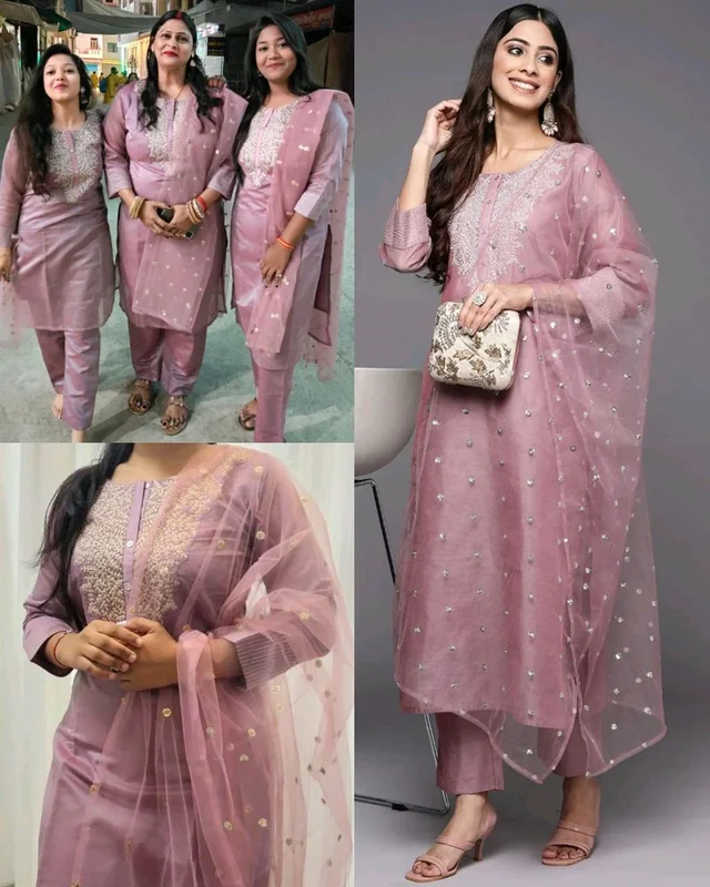 Elegant Mauve Pink Women’s Ethnic 3-Piece Set with Embroidered Kurti, Elastic Pant & Sequined Net Dupatta coding work kurti with pant set
- S