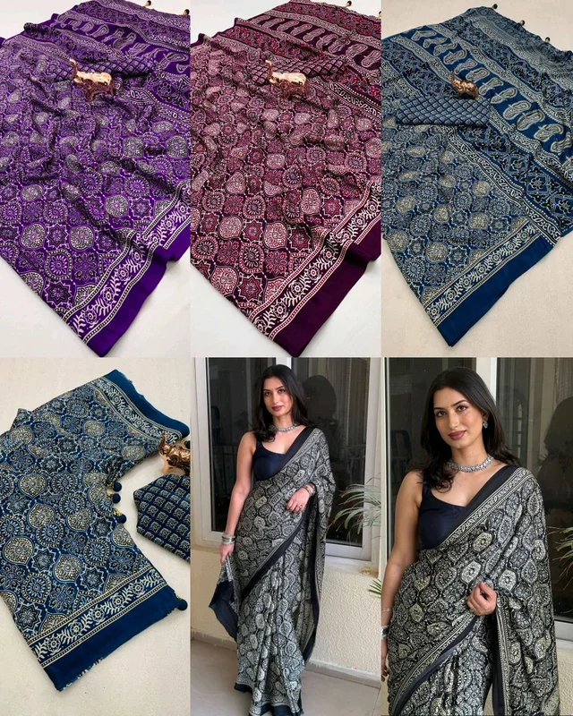 Launching New Modal Satin Crape Trending Saree - Midnight Blue, Free Size