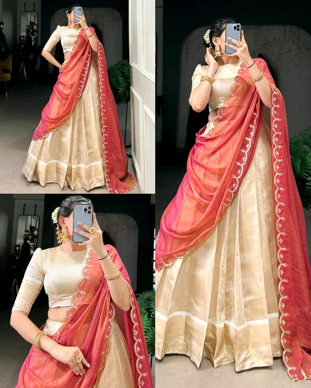 Elegant Golden Zari Weaving Work Lehenga with Zari Shimmer Dupatta 🪷
- Free Size