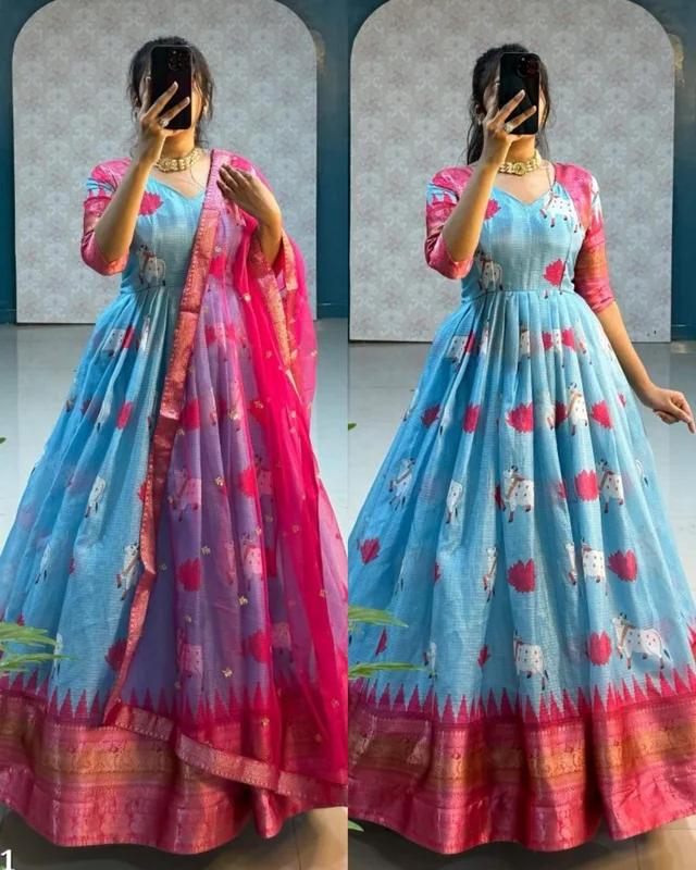KANCHIPURAM Gown With Duppata - Aquamarine Blue, 3XL