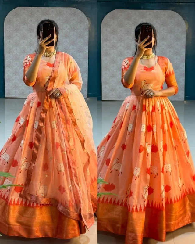 KANCHIPURAM Gown With Duppata - Web Orange, 3XL