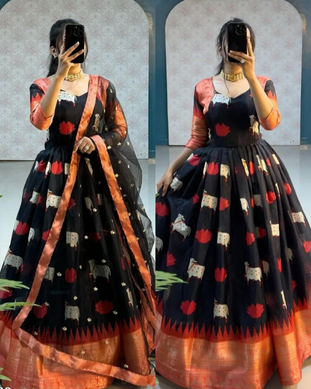 KANCHIPURAM Gown With Duppata - Black, 3XL