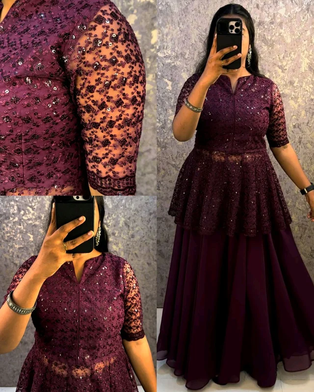 Launching trending Sharara set with peplum top - Wine, 3XL