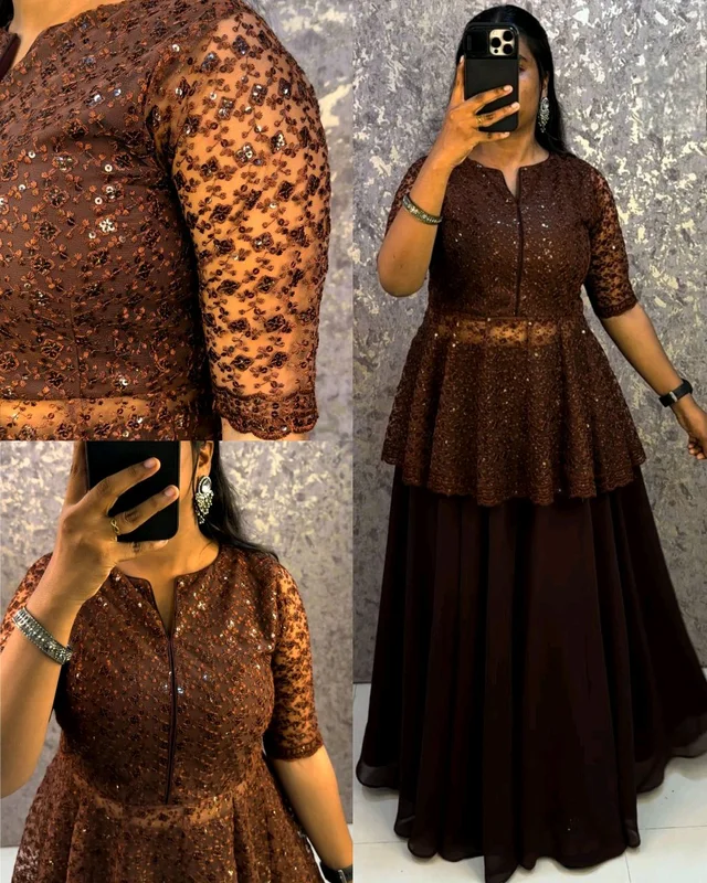 Launching trending Sharara set with peplum top - Brown, XL