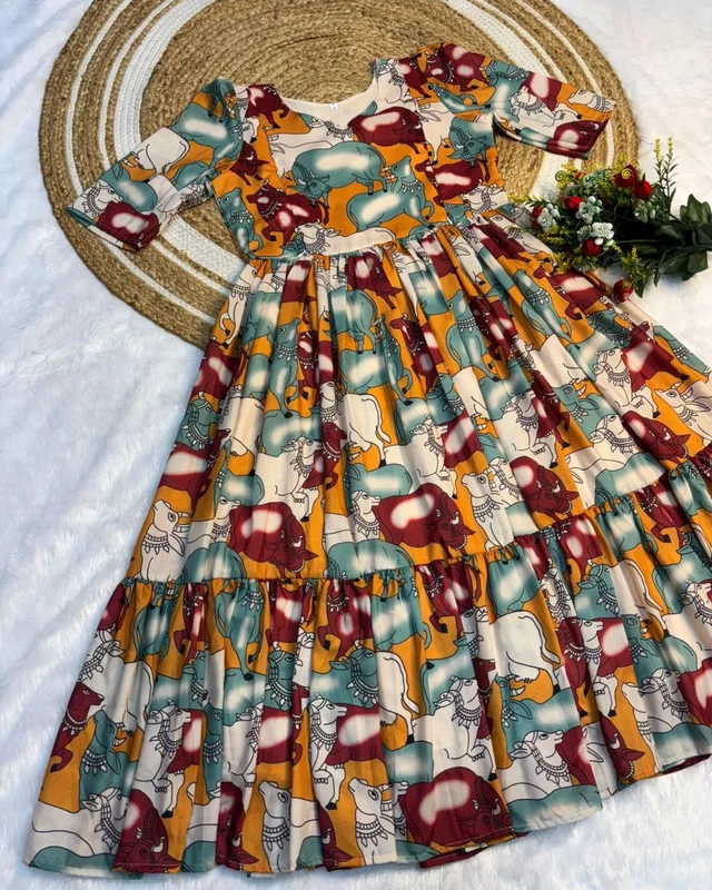 This beautiful kalamkari printed maxi gown made with soft cotton fabric and feeding zip also attached - Mango Tango, XL