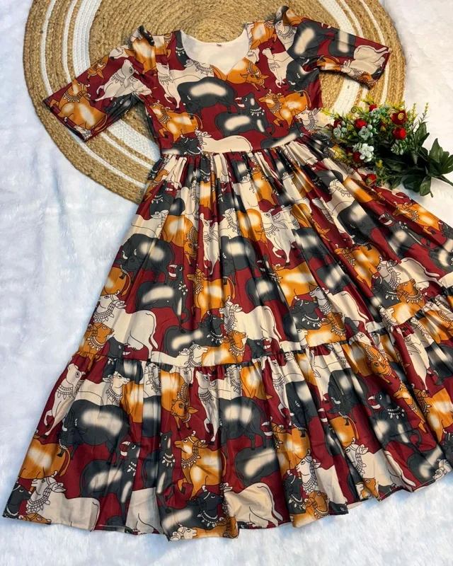 This beautiful kalamkari printed maxi gown made with soft cotton fabric and feeding zip also attached - Maroon, 2XL