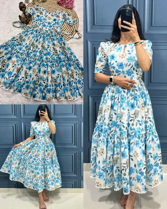 Trendy soft Hakoba Cotton with attractive print with Full lining Maxi
- Blue, S