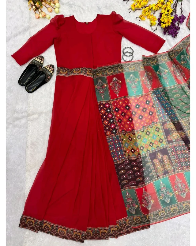 Trendy Zip and Go 30 Sec Gown Saree - M, Red