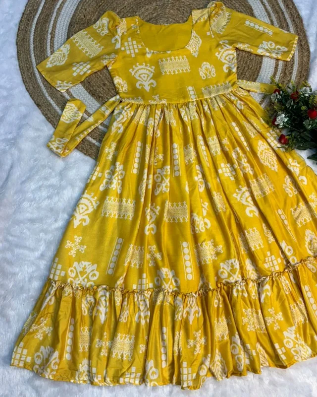 Trendy Maxi gown soft Maslin cotton with digital print. - Yellow, XL