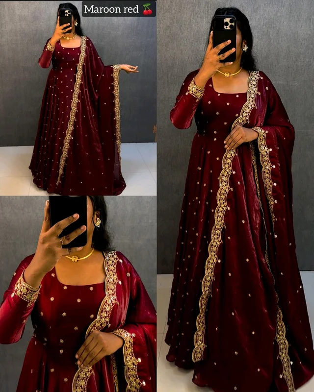 Super Trendy Party wear gown + dupata - Maroon, 3XL