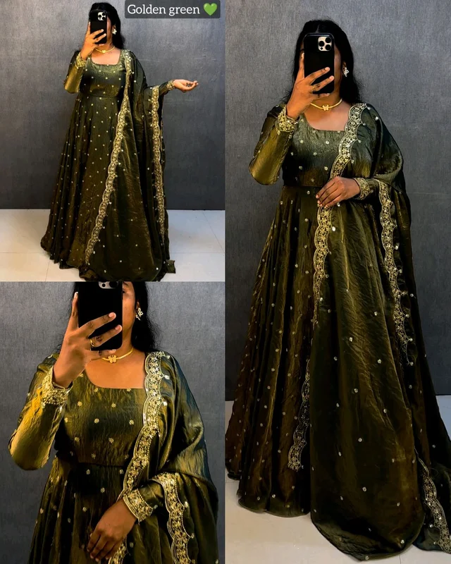 Super Trendy Party wear gown + dupata - Golden Green, L