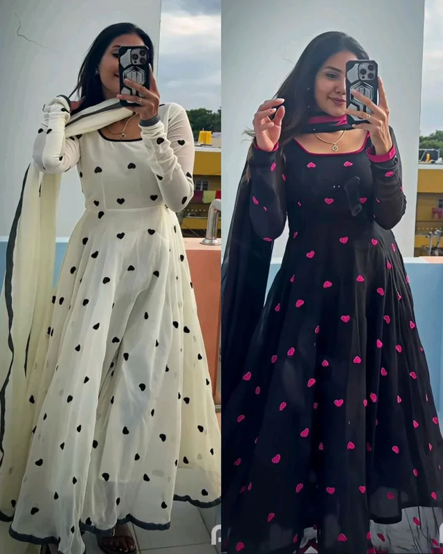 Designed to Make you feel Like a Queen.This perfect gift for your ๐.This heart Anarkali made with premium Georgette with beautiful heart embroidery ๐ - White, L