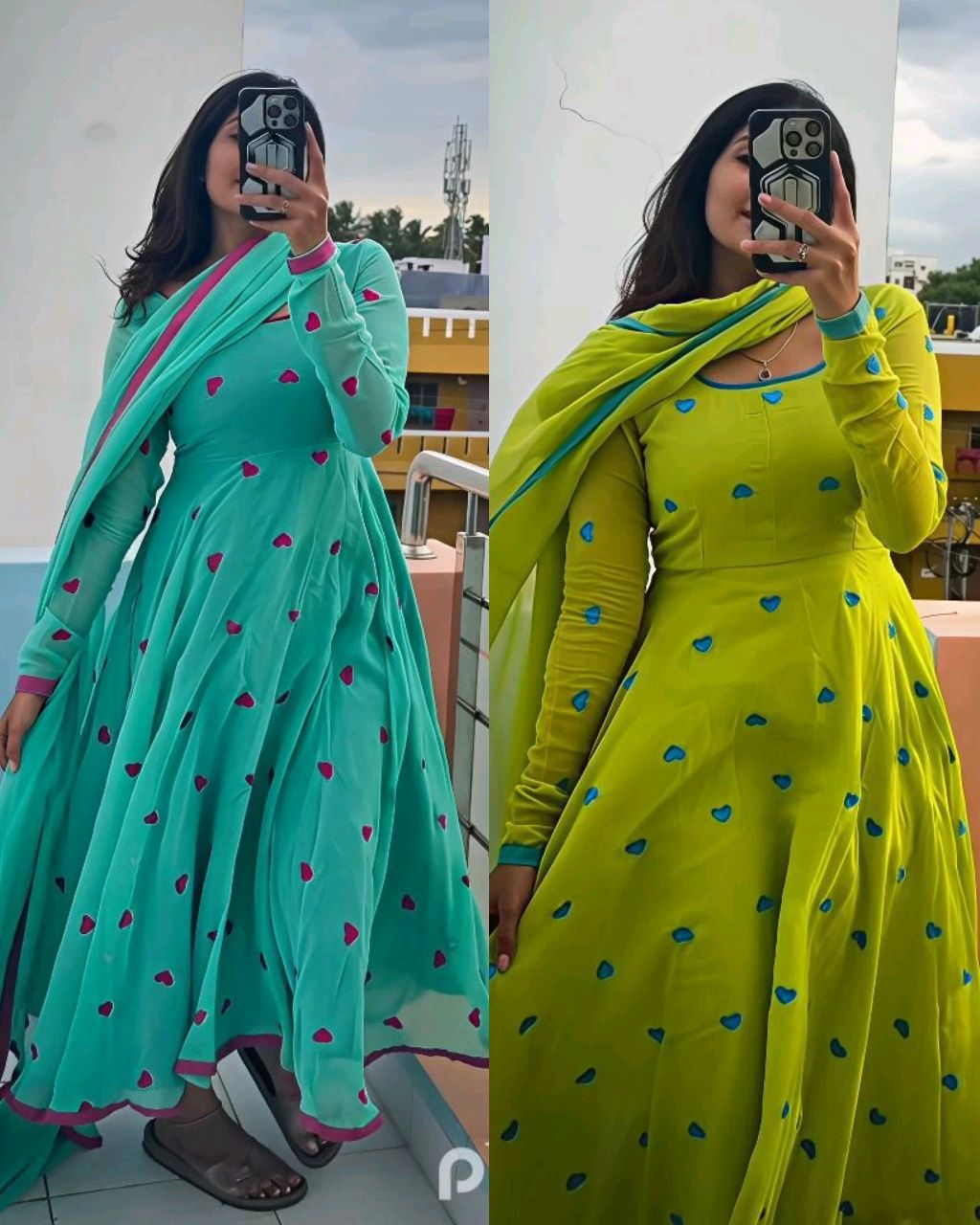 Designed to Make you feel Like a Queen.This perfect gift for your ๐.This heart Anarkali made with premium Georgette with beautiful heart embroidery ๐ - Green, L
