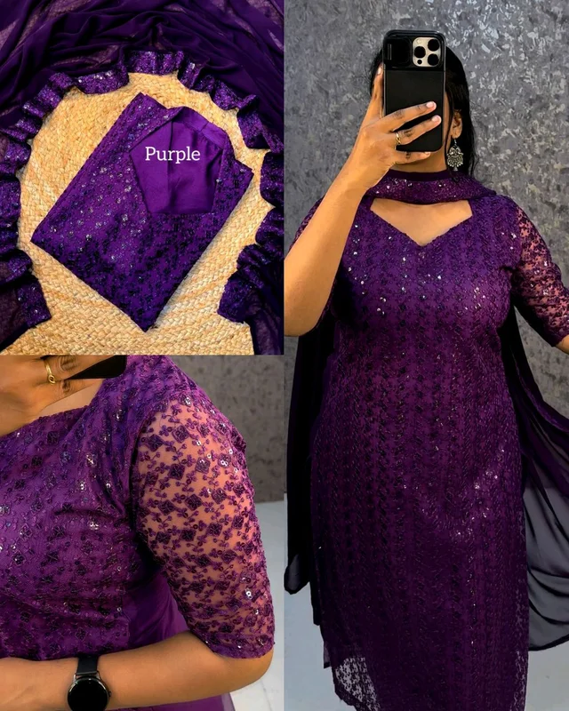 Trendy Net Embroidered kurti + dupata - L, Purple