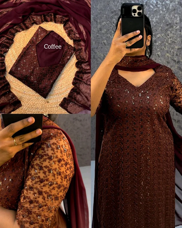 Trendy Net Embroidered kurti + dupata - S, Coffee
