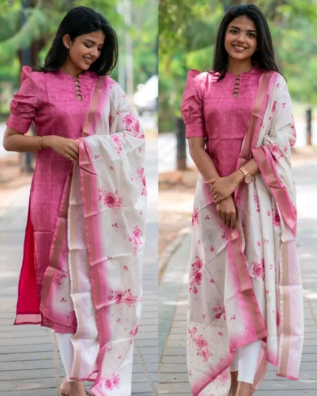 Chanderi Straight Button Detailed Neck Puff Sleeve Straight Calf Length Kurta Organza Digital Printed Dupatta - 2XL
