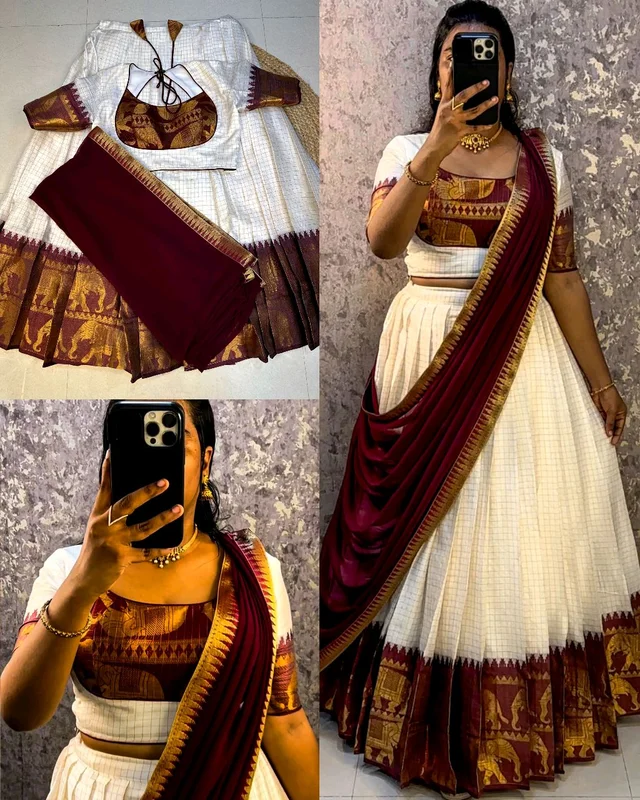 Launching white lehenga with wine zari border suitable for your onam festival
- 5XL