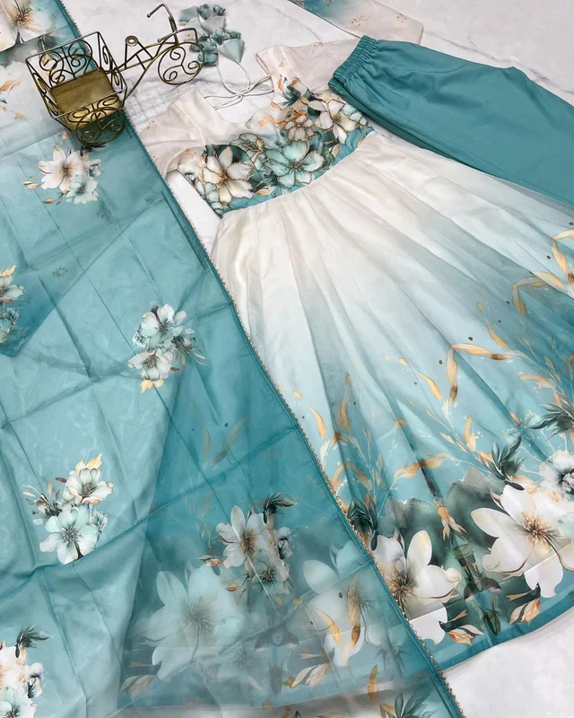 Classic floral printed organza anarkali suit set for the upcoming festivities and wedding season - Sky Blue, S