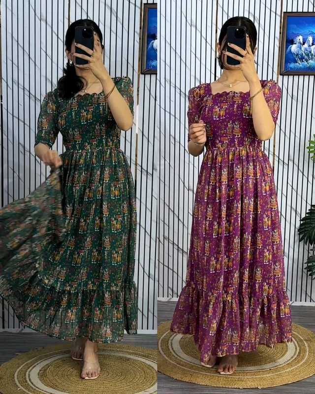 Traditional Kalamkari Premium Quality maxi gown - Green, M