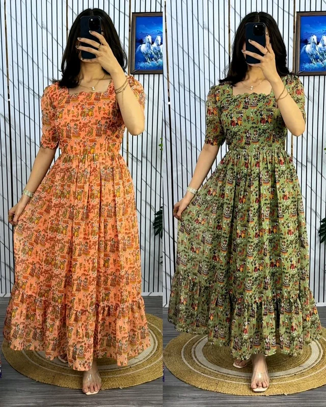 Traditional Kalamkari Premium Quality maxi gown - Neon Carrot, L