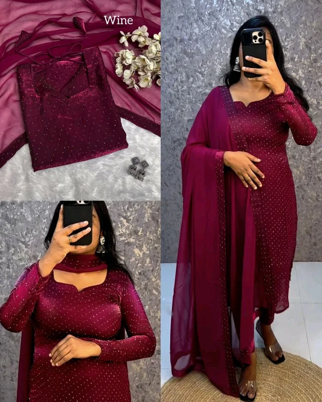 This kurti made with premium soft space silk with diamond work and matching soft georgette dupatta with 4 side lace broder
- Wine, 3XL