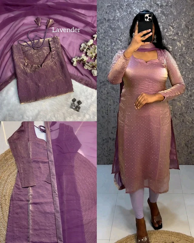 This kurti made with premium soft space silk with diamond work and matching soft georgette dupatta with 4 side lace broder
- Lavender, 2XL