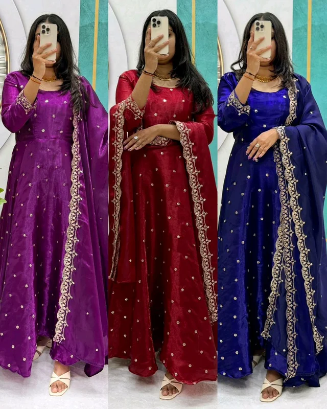 Trending Beautiful Soft Space Silk Sequins Embroidery Gown With Dupatta, elegance Look For Festive Season
- Blue, XL