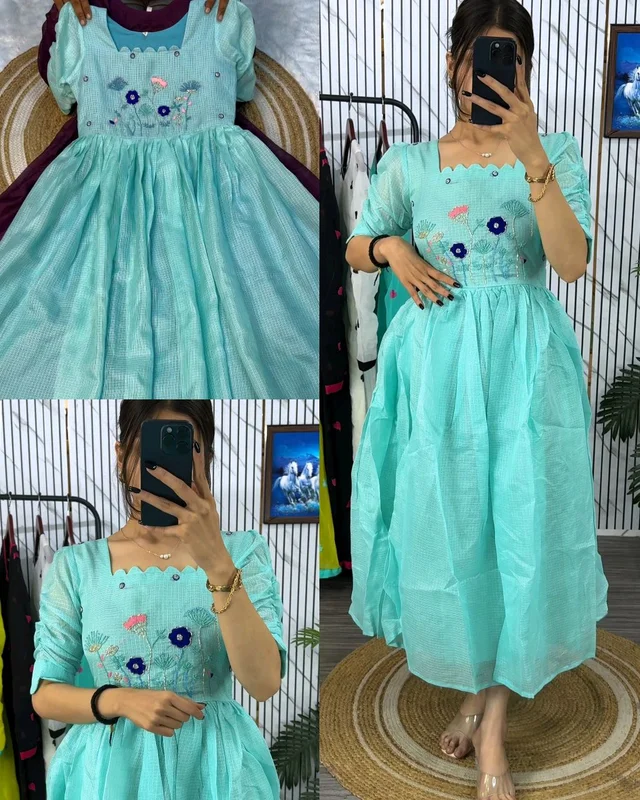 ✨Most Trending Beautiful Stylist Gown with Handwork – Where Elegance Meets Comfort! ✨ - Sky Blue, XL