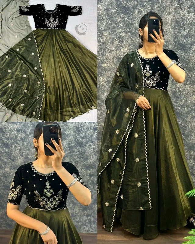 Trendy Pretty Womens Gown With Dupatta - Verdun Green, 2XL