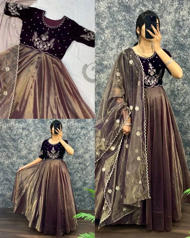 Trendy Pretty Womens Gown With Dupatta - Wine, XL