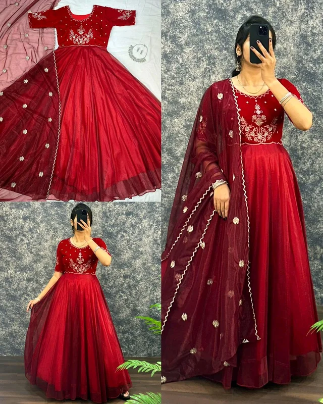 Trendy Pretty Womens Gown With Dupatta - Red, XL