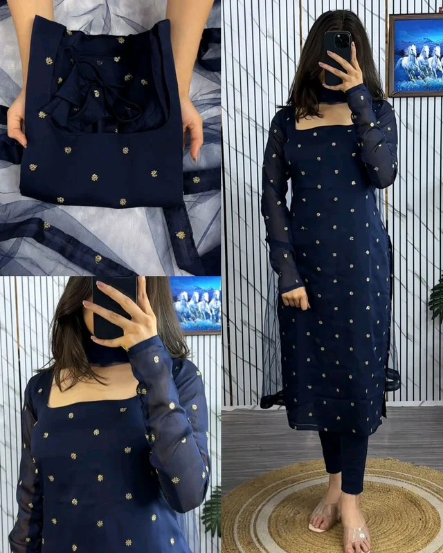 Trendy breathable & stylish Kurti With Duppatta - Navy Blue, XL