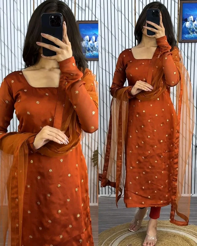 Trendy breathable & stylish Kurti With Duppatta - Hot Cinnamon, L