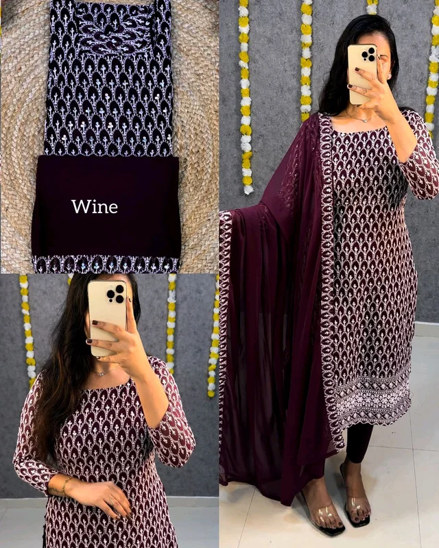 New Launching chikankari Side knot kurti + dupata only - Wine, 2XL