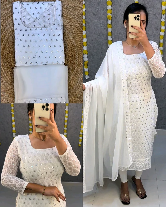 New Launching chikankari Side knot kurti + dupata only - White, 2XL