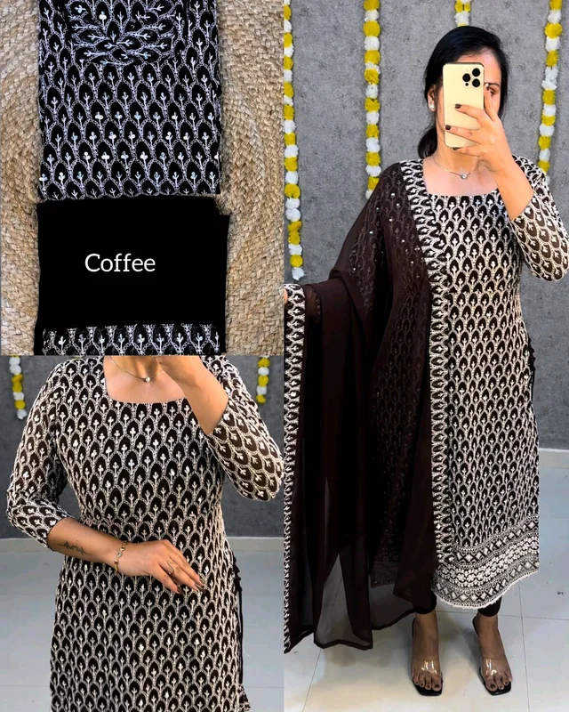 New Launching chikankari Side knot kurti + dupata only - Coffee, 5XL